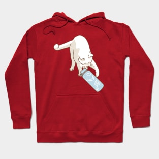 White cat knocking blue water bottle Hoodie